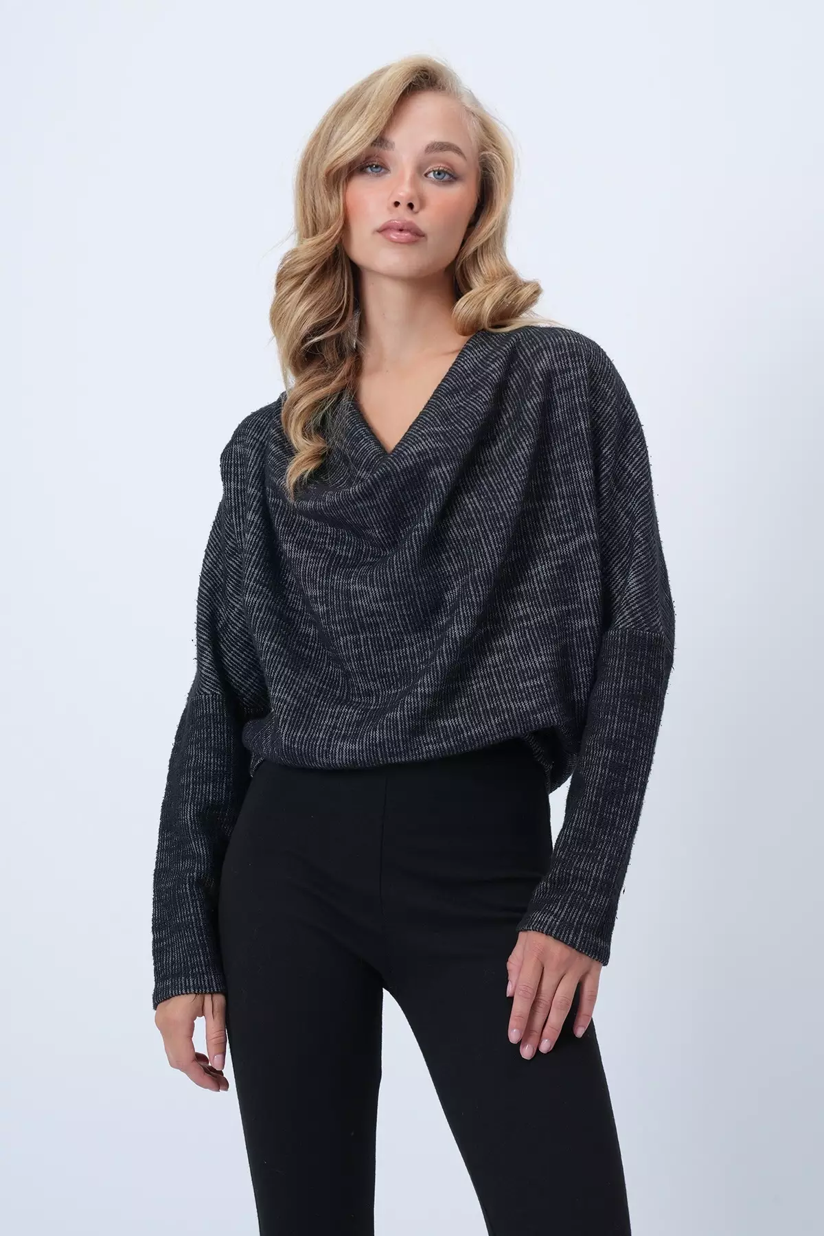 Women's Anthracite Cowl Collar Wide Cut Knitted Blouse Alc-X13126