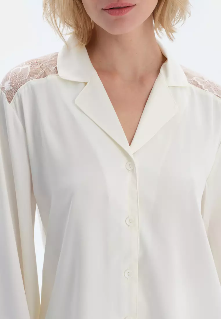 Off White Shirt, Shirt Collar, Regular, Long Sleeve Sleepwear for Women