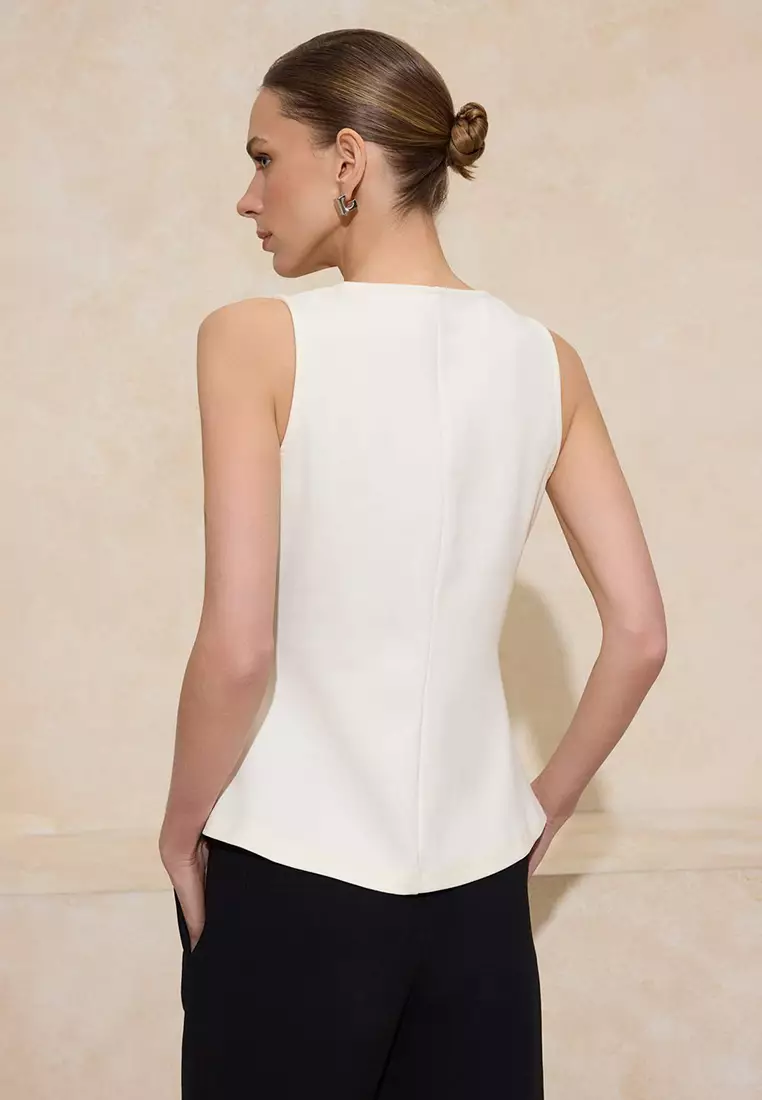 V-Neck Sleeveless Interlock Knitted Peplum Top