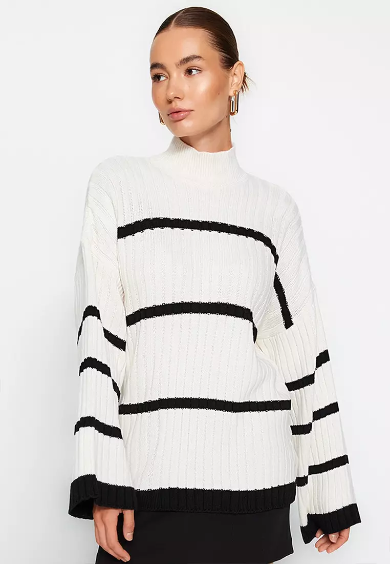 Contrast striped clearance panel ribbed sweater