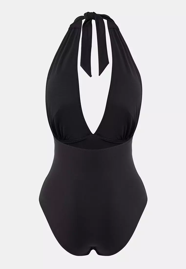 Black Leather N V-Neck Brazilian Swimsuit With Cast Accessories Tbess26Ma1