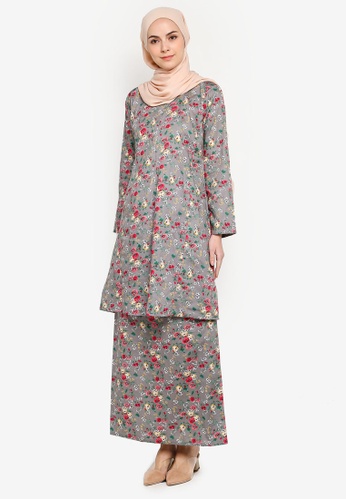 Baju Kurung Pahang from Azka Collection in grey and Multi