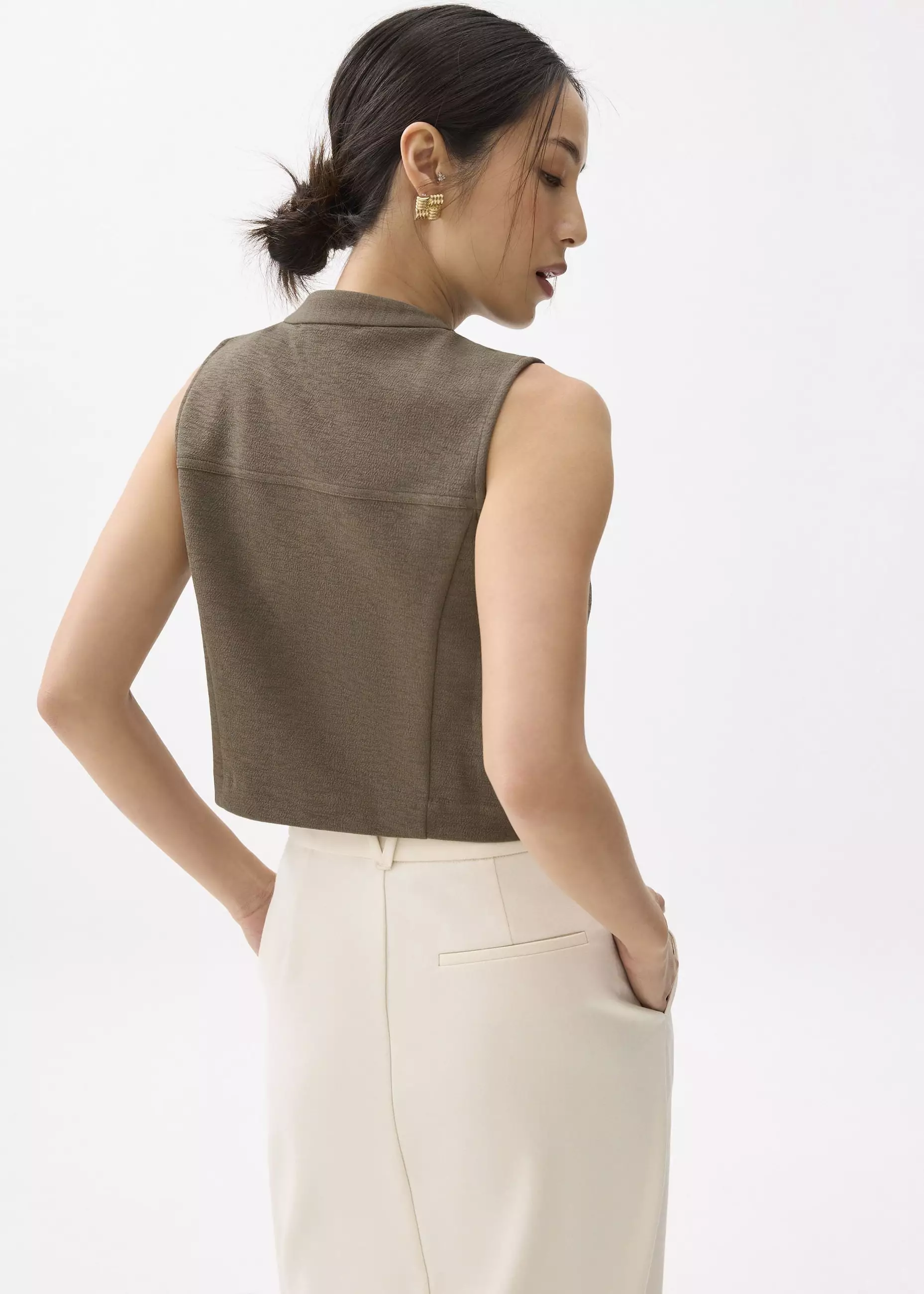 Vest Wanita - Cropped V-neck Button Down Vest