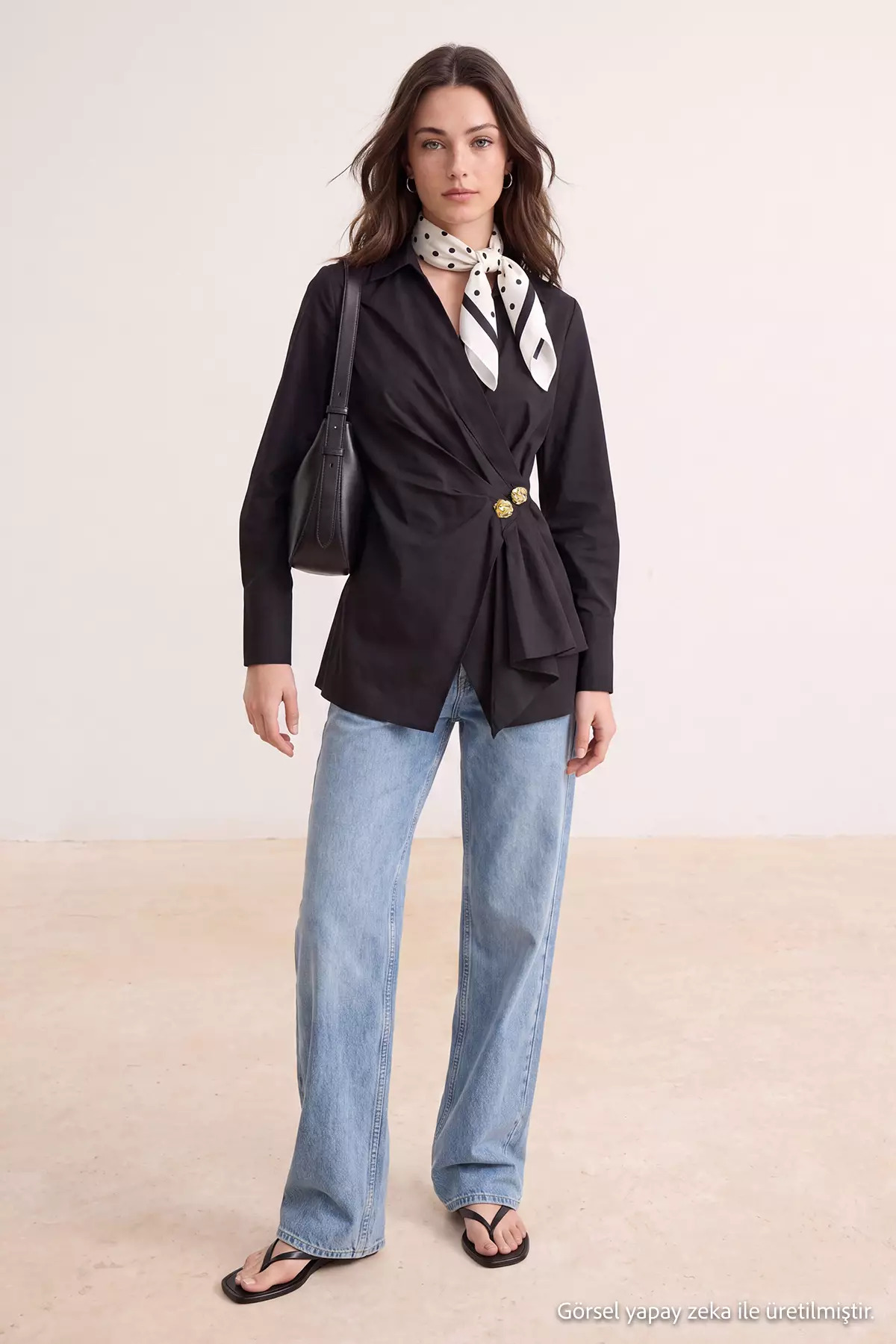 Black Double-Breasted Regular Fit Shirt With Metal Accessory Detail