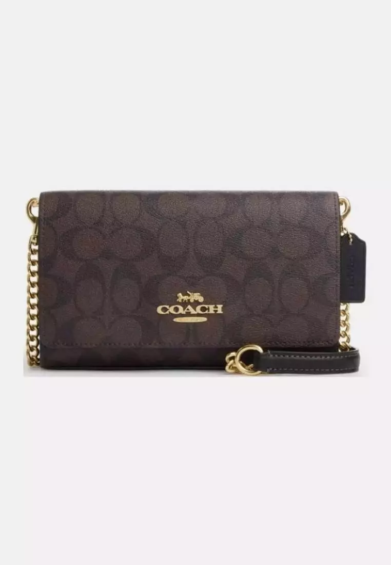 Coach Flap Clutch Crossbody In Signature Canvas Brown Black