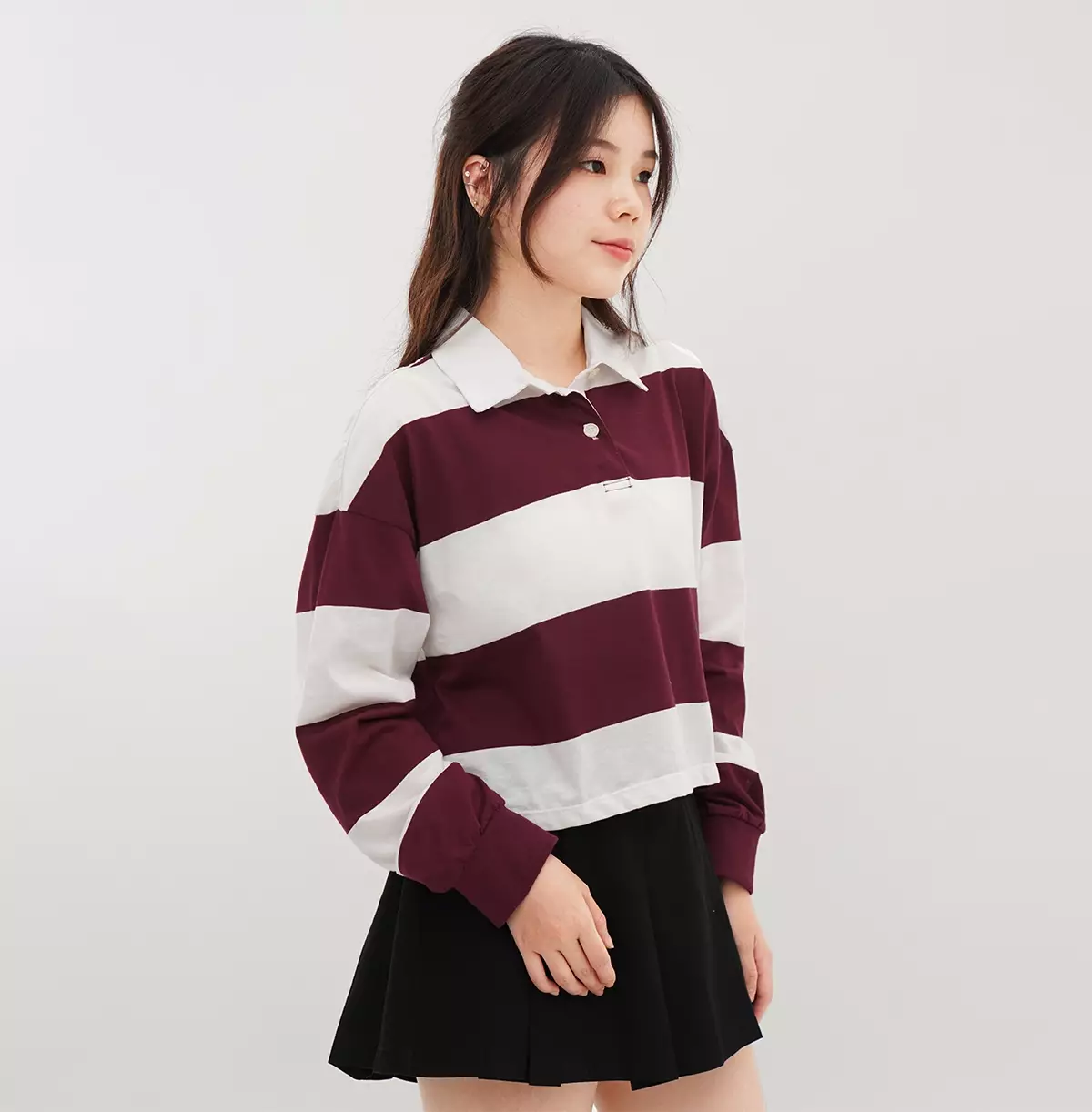 Matsuda Polo Rugby Crop top katun Emika BurgundyOffwhite