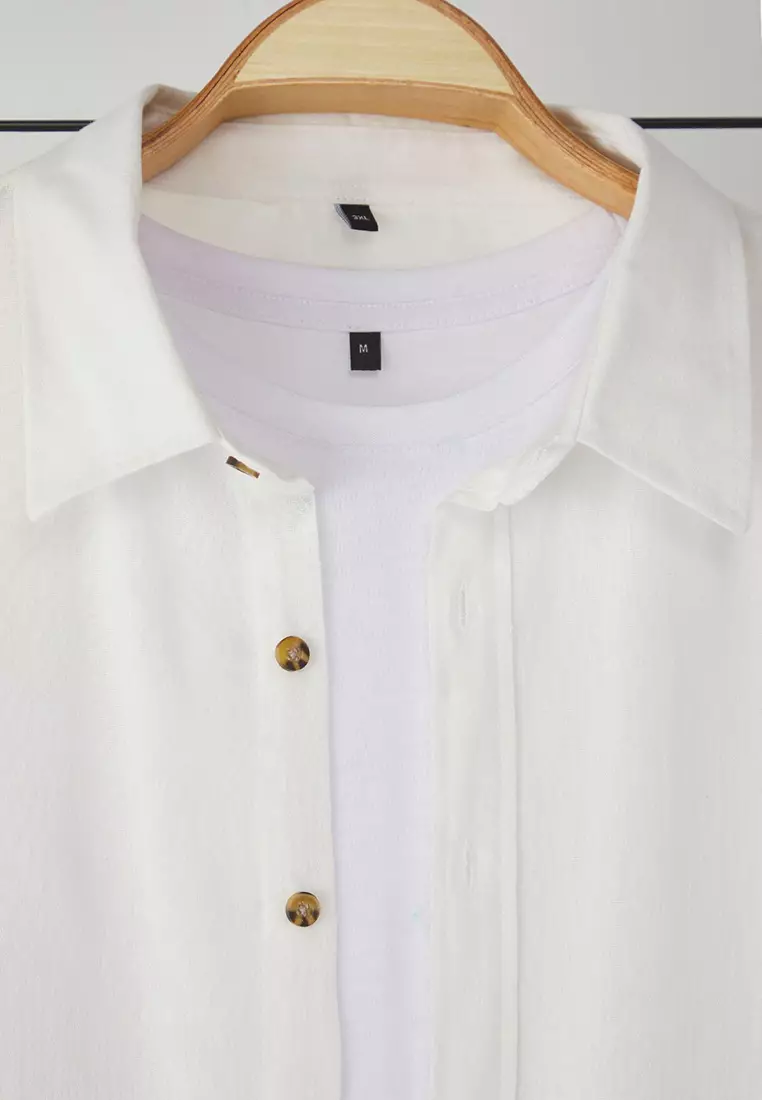 White Regular Fit Epaulette Wrinkled Effect Linen Look Plus Size Shirt TMNSS25AX00002
