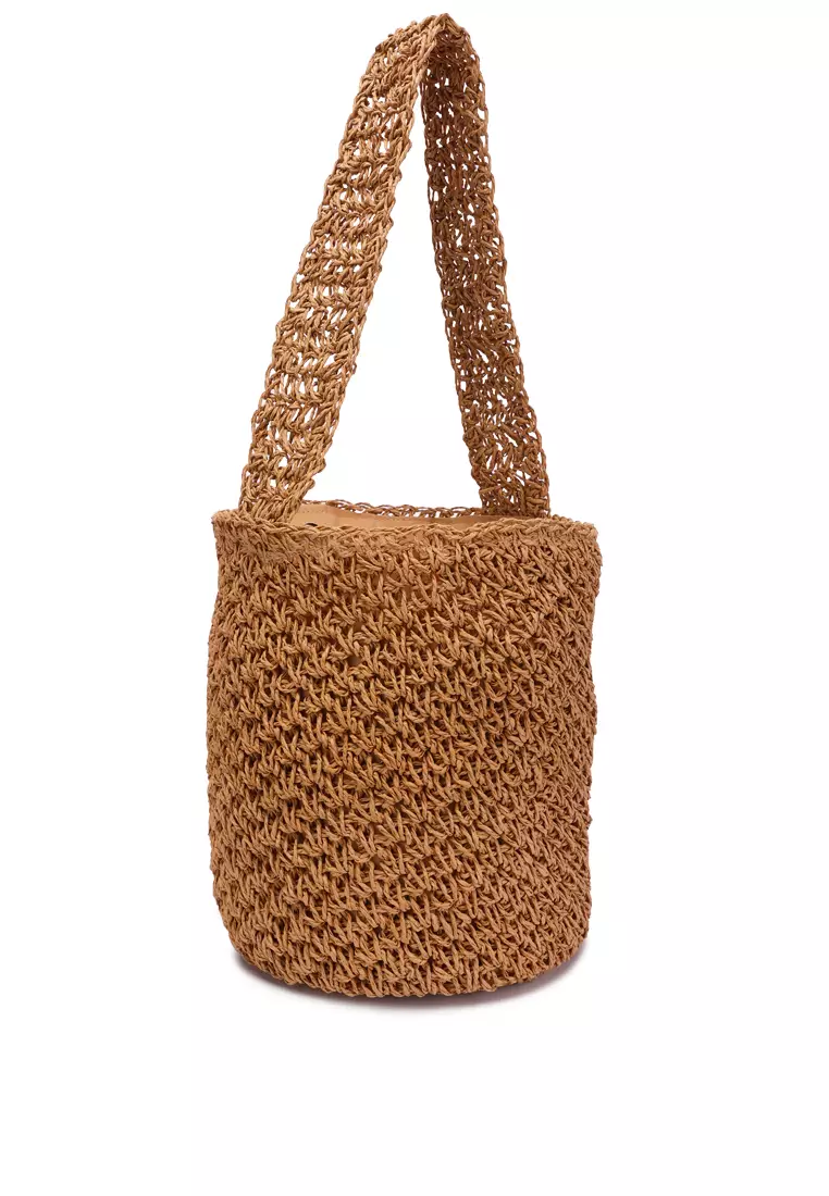 Tas Satchel Jerami Tenun Warna Coklat