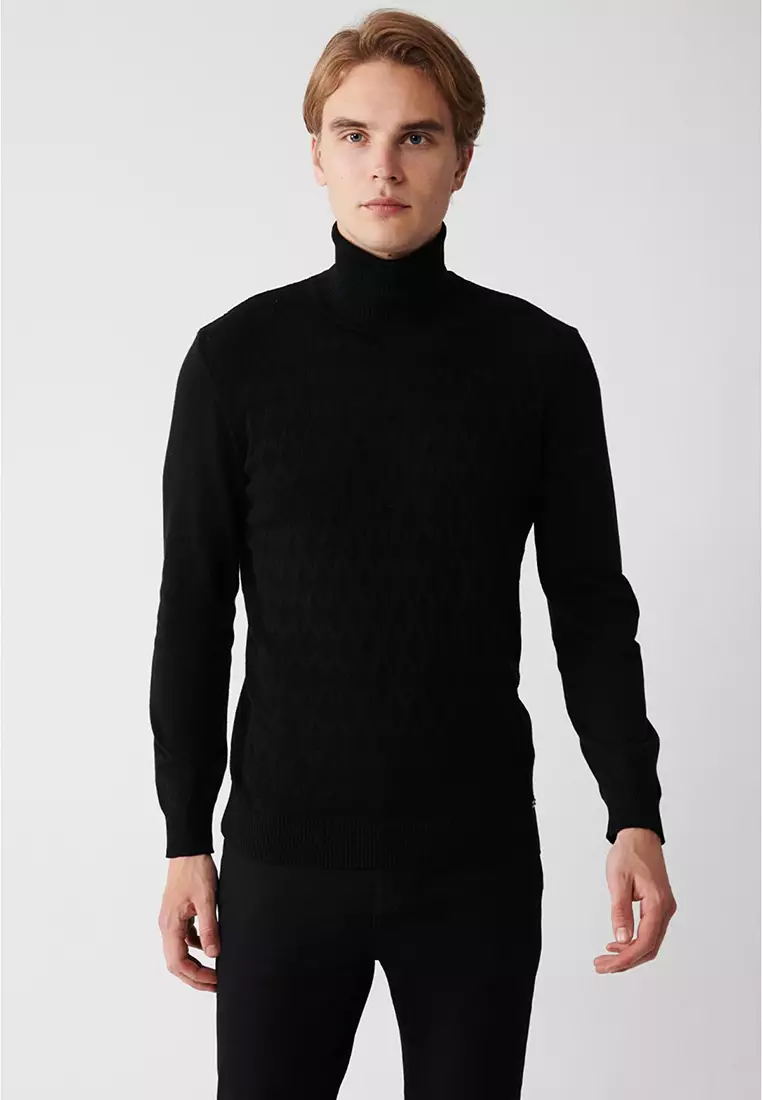 Men's Black Turtleneck Cotton Patterned Knitwear Sweater A32Y5198