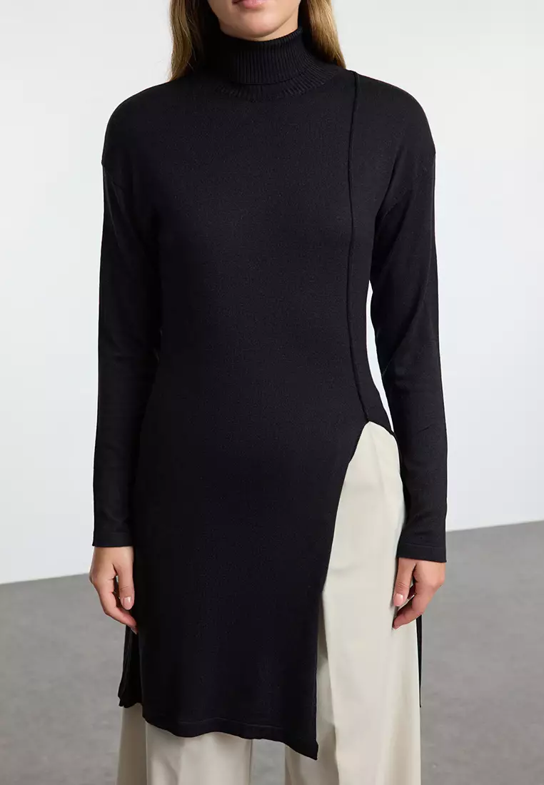 Premium Black Knitwear Midi Sweater Slit Detail