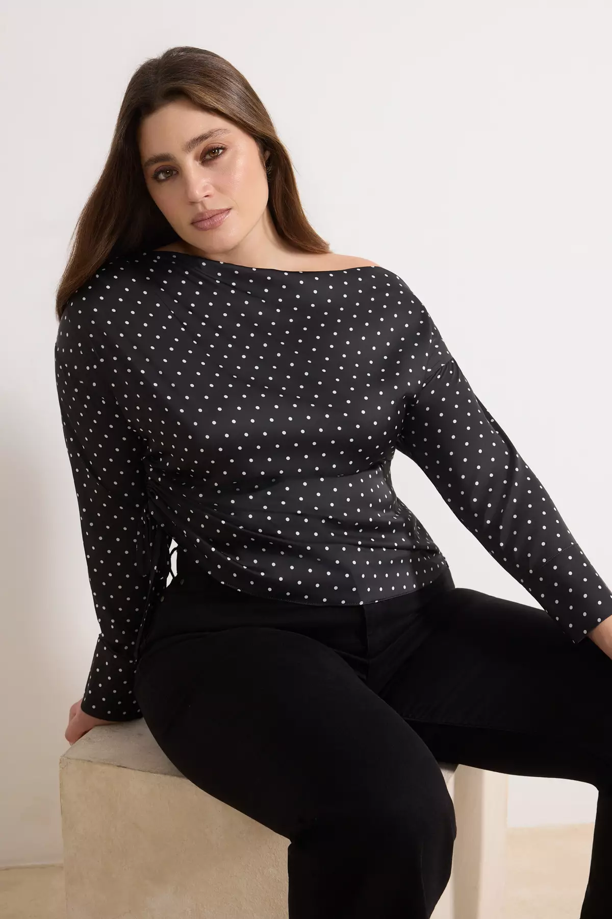 Black Satin Polka Dot Patterned Long Sleeve Woven Plus Size Blouse Tbbss26Af00019