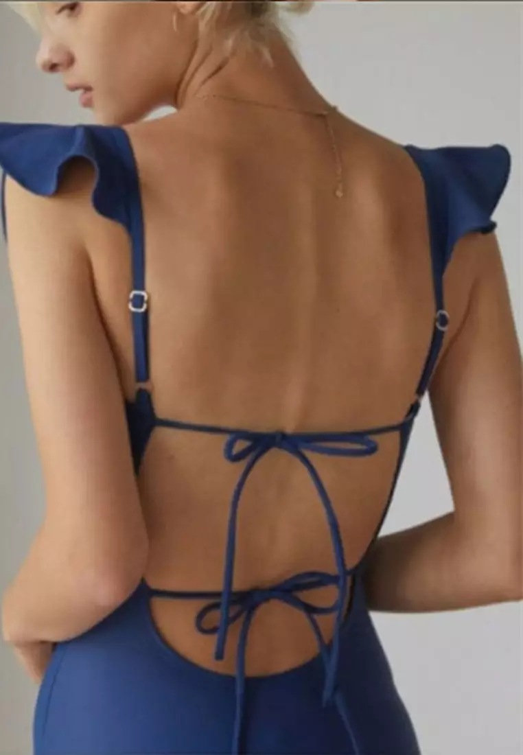 2024 S/S Retro elegant ruffled body-fitting one-piece waist-back strap hollow-out solid-color swimsuit CA230504013BL