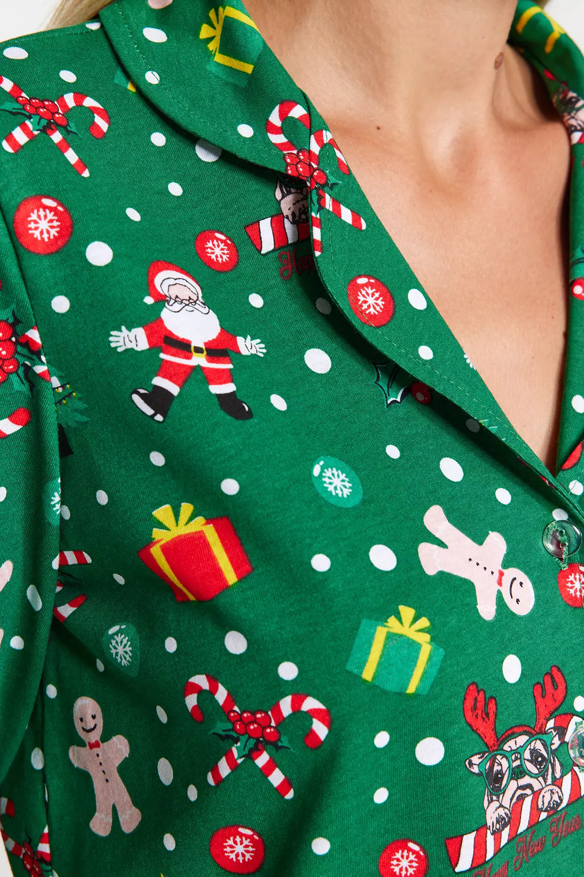 Green 100% Cotton Christmas Themed Knitted Pajama Set