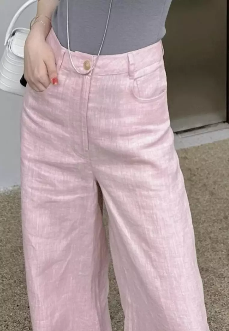 2025 New Pink Ramie Wide Leg Straight Pants K060405