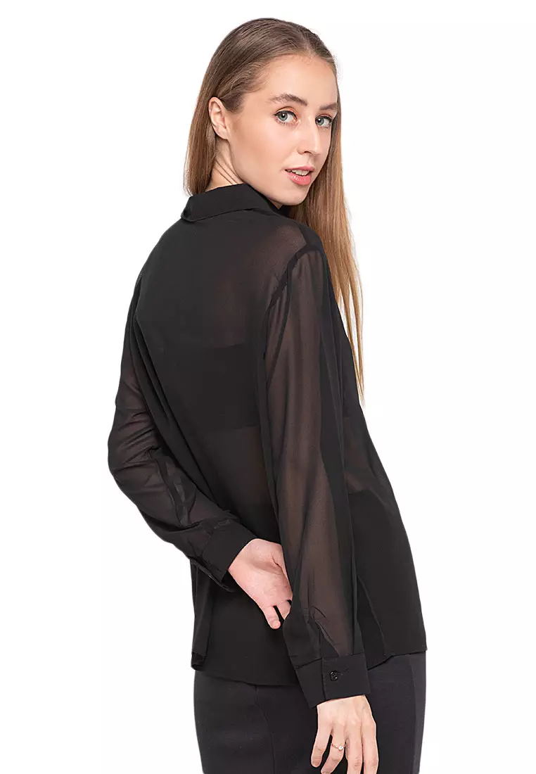 Calder Kemeja Atasan Transparan Front Button Opening Design Simple Plain Shirt Wanita - Black