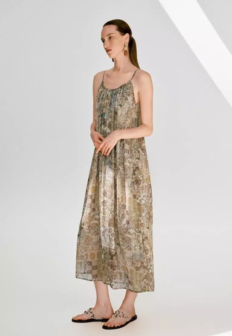 Patchwork Print Midi Dress - Strappy A-Line Slip Sundress
