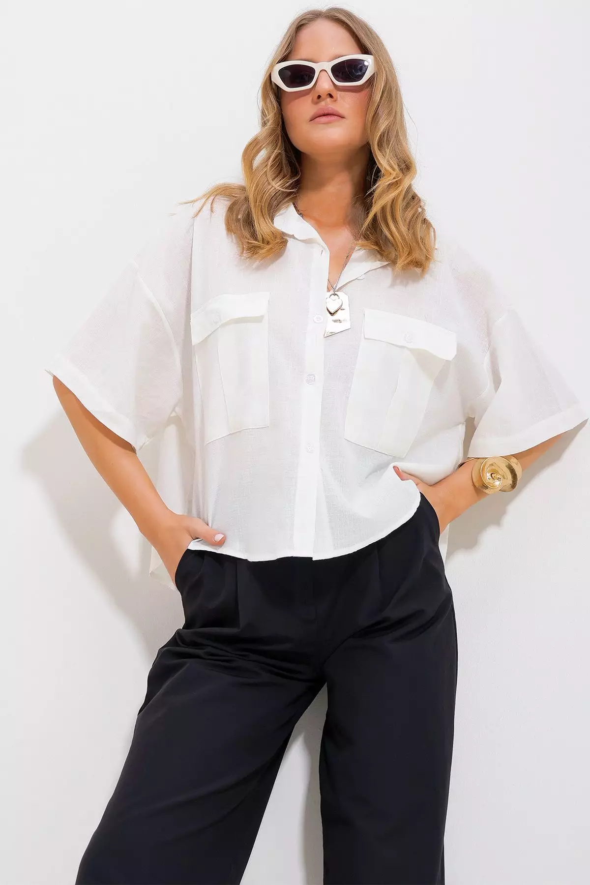 Women's Ecru Double Pocket Half Sleeve Linen Shirt