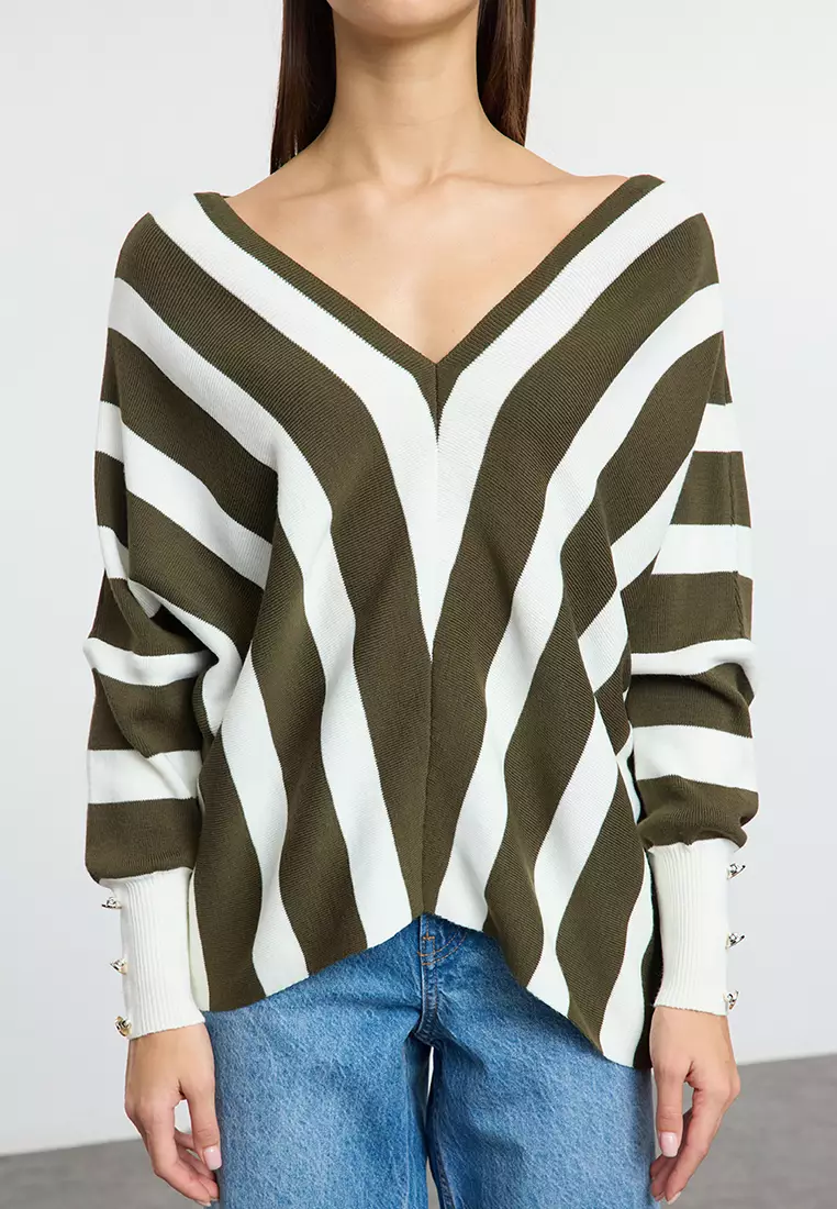 Green Deep V Neck Striped Knitwear Sweater