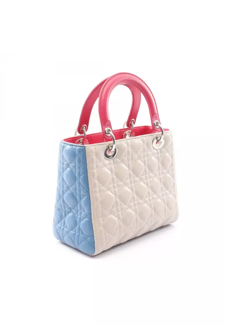 Pre-Loved Christian Dior LADY DIOR lady dior Canage Handbag leather light beige blue Pink purple 2WAY