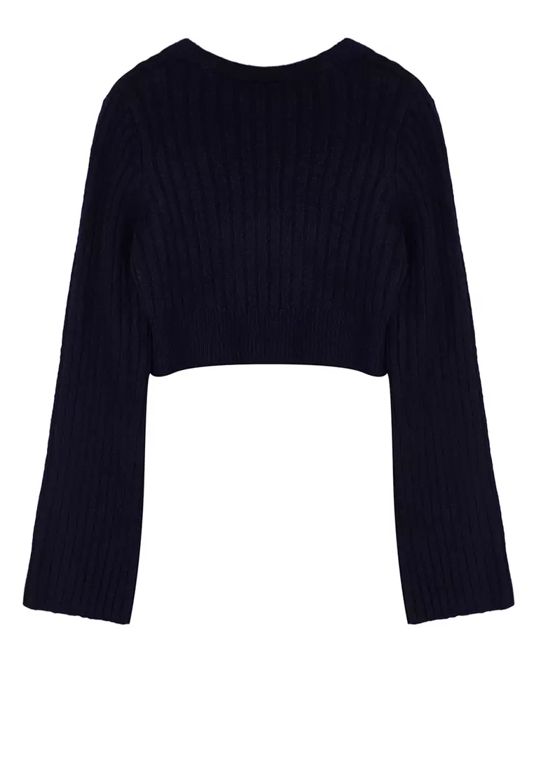 Navy Blue Crop Soft Textured Double Breasted Knitwear Sweater TWOAW24KZ00381
