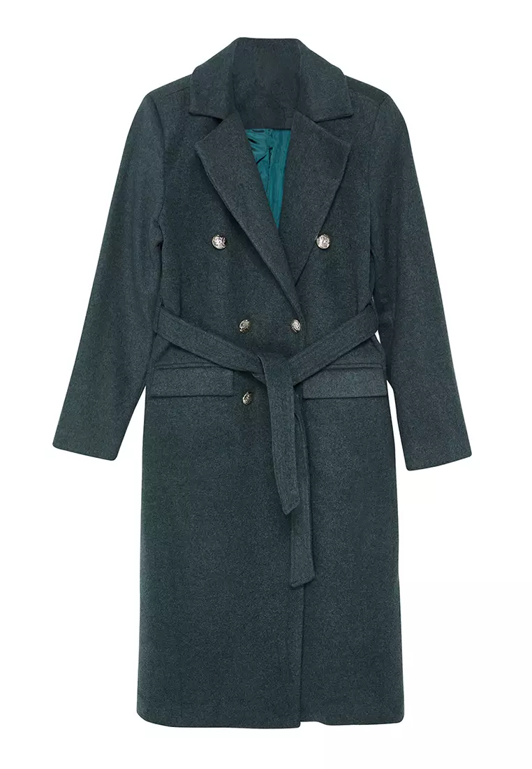 Khaki Fitted Belted Gold Buttoned Long Wool Cashmere Coat TWOAW23KB00018