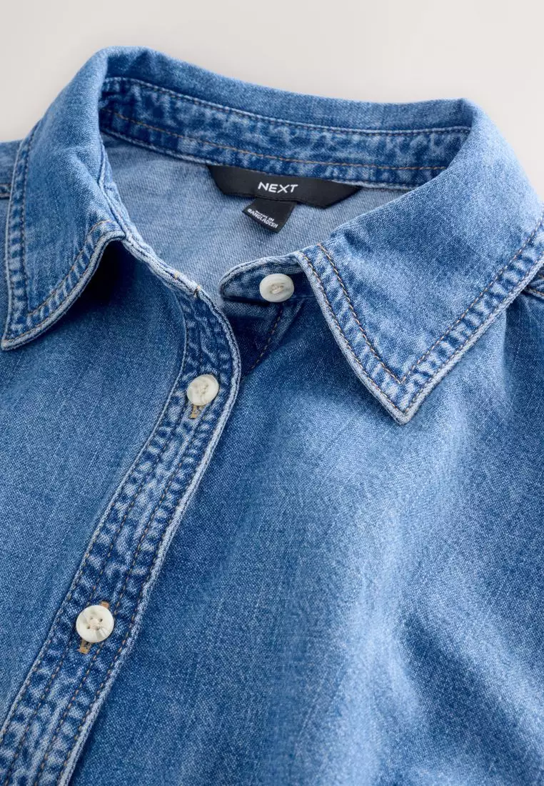 Cinch Waist Fitted Long Sleeve Denim Shirt