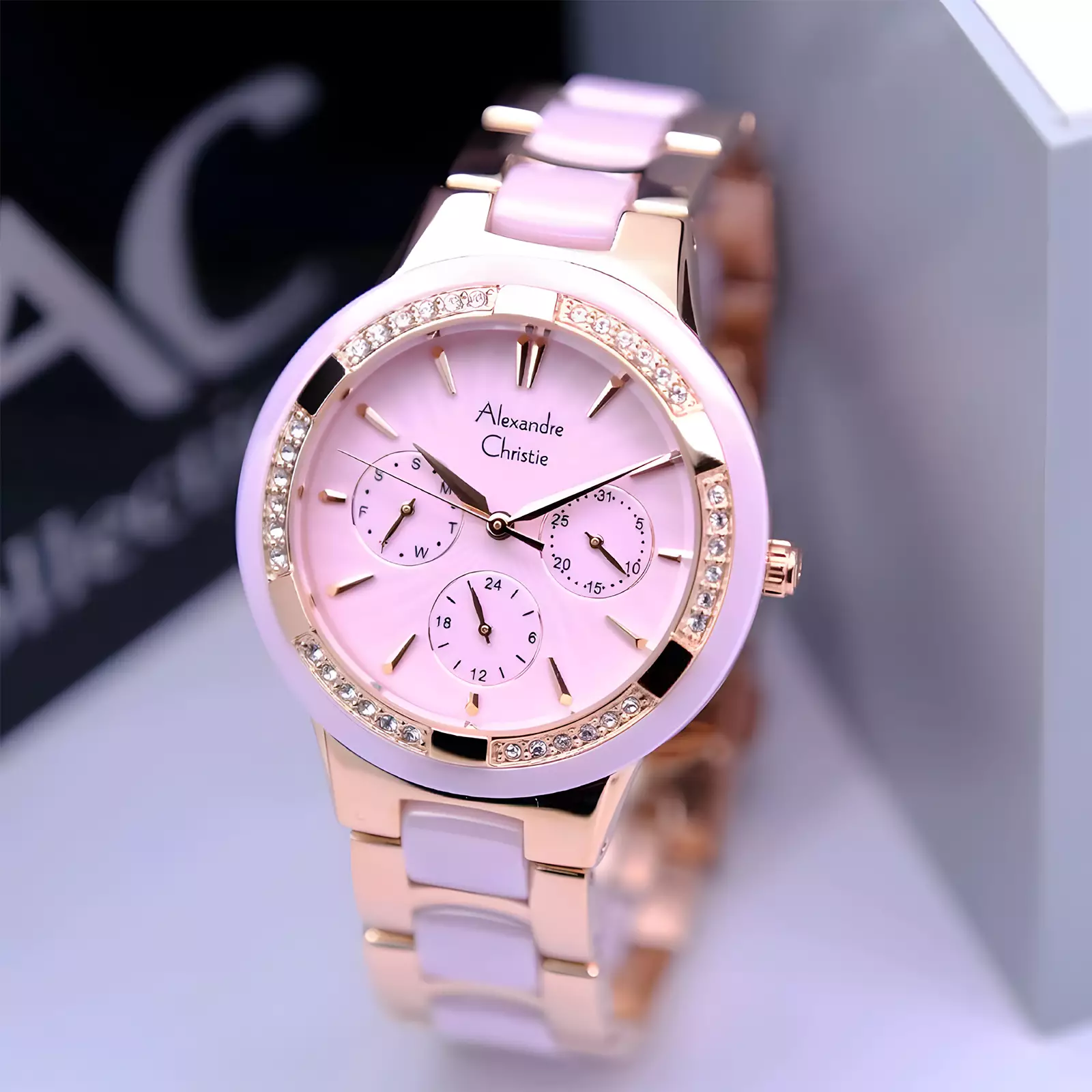 Alexandre Christie Ceramic - Jam Tangan Chronogarph Wanita - Rose Gold Pink - Stainless Steel - 2299 BFBRGPN