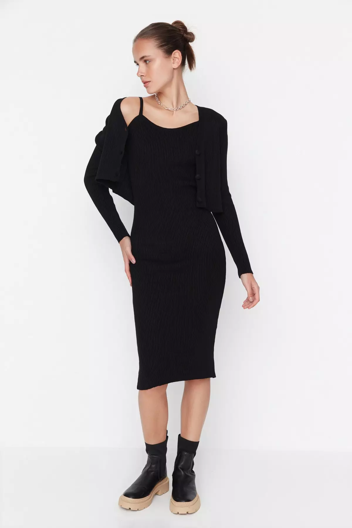 2-Piece Knit Cardigan & Midi Dress Set