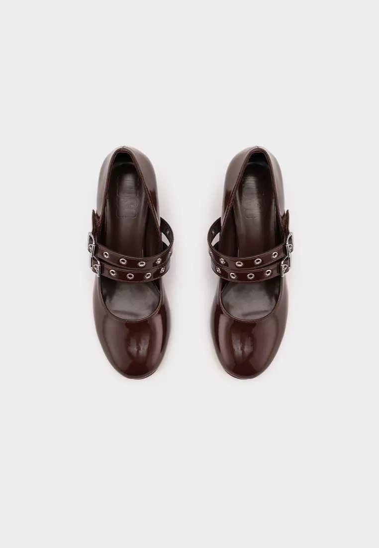 PATENT DOUBLE BUCKLE MARY JANE BLOCK HEEL PUMPS 饰扣圆頭粗跟鞋