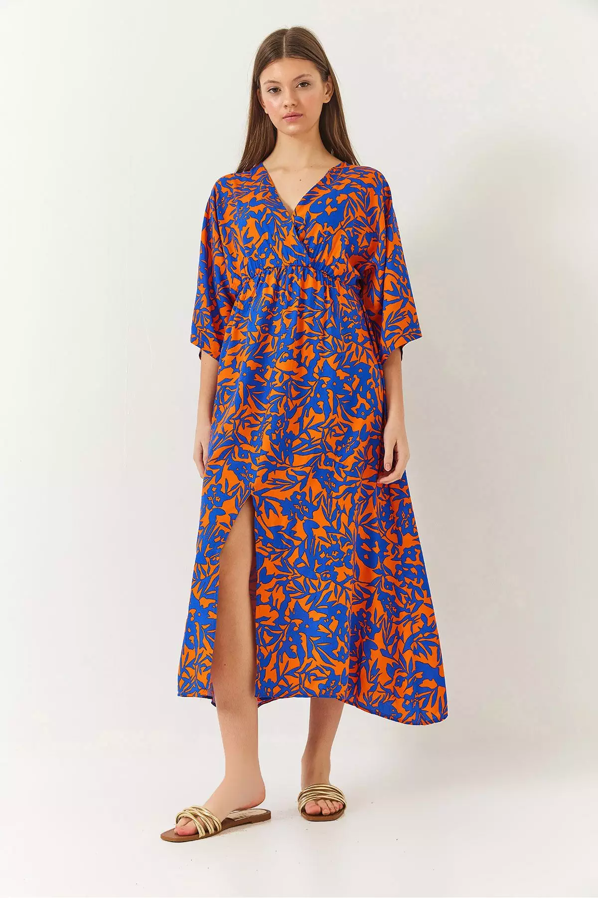 Women's Double Breasted V Neck Front Slit Detail Print Dress 60261411