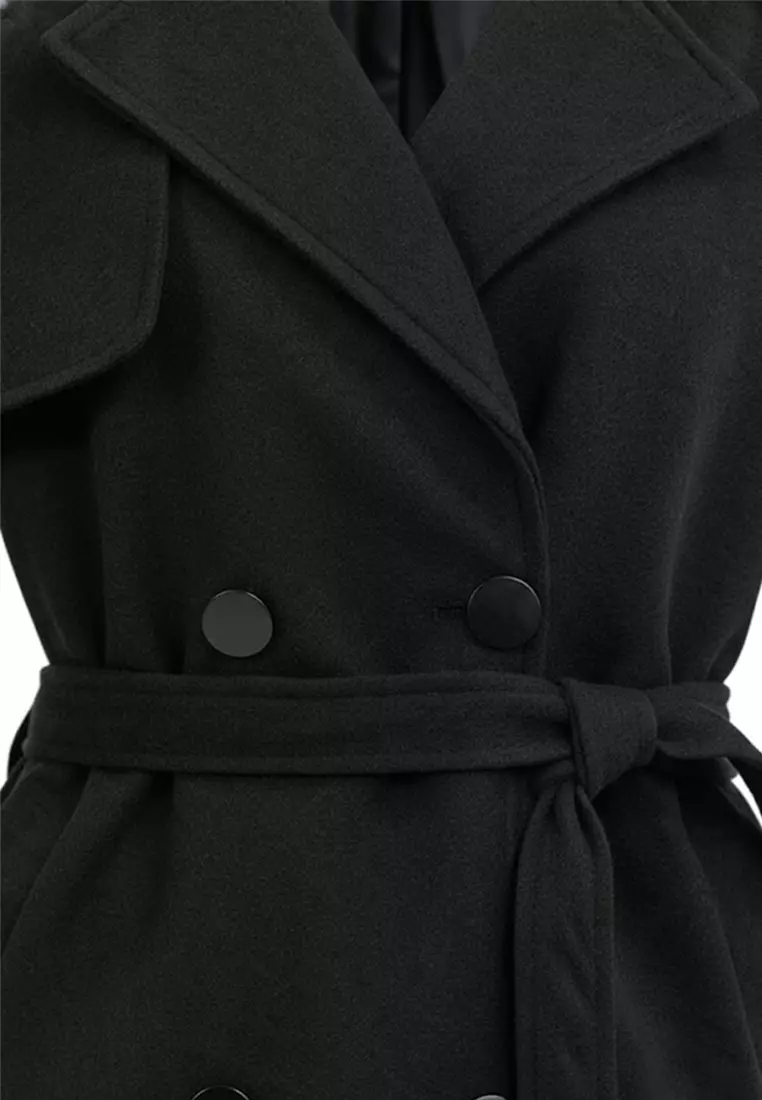 Double Breasted Wool Blend Belted Trench Coat