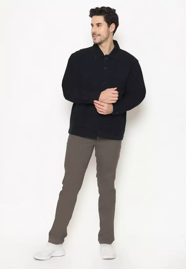 POLICE Kemeja Polos Semi Jaket Blue Black Regular Fit Lengan Panjang Pria