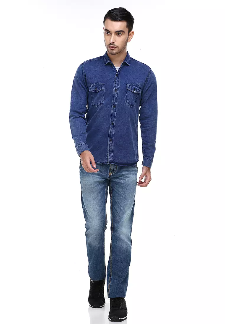 Dwan Casual Shirt Baju Kemeja Jeans Pria Lengan Panjang Material Denim ORIGINAL - Navy