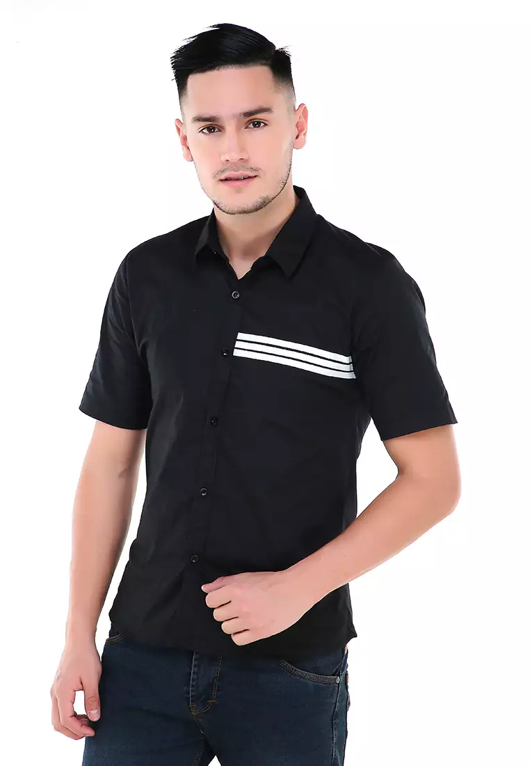 Dwan Atasan Kemeja Pria Three Lines Slim Fit Casual Shortsleeve Shirt Material Cotton ORIGINAL - Black