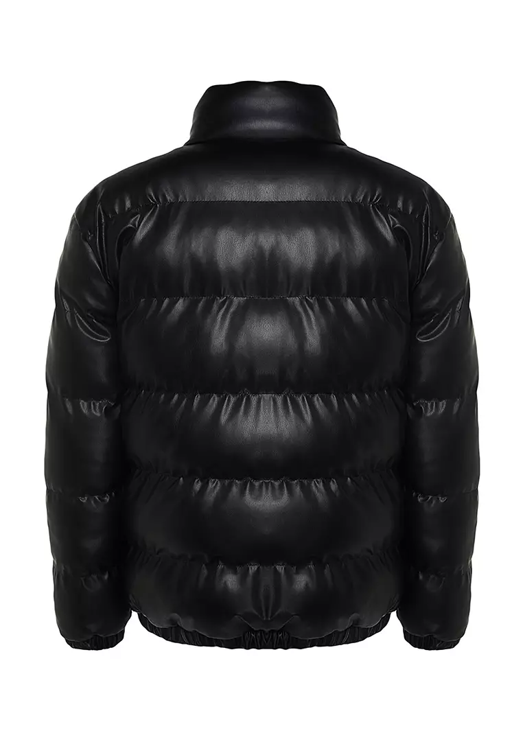 Buy Trendyol Black Men's Regular Fit Stand Up Collar Faux Leather Down