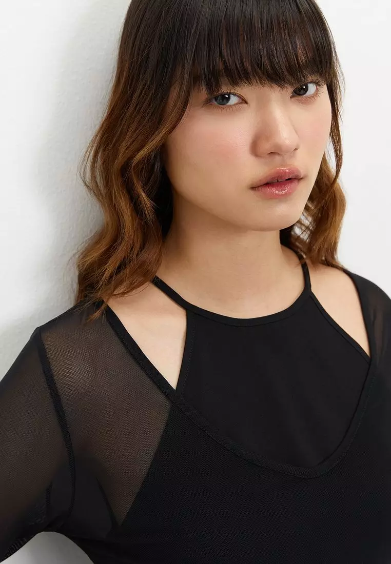 Layered Sheer Crop Top - Black