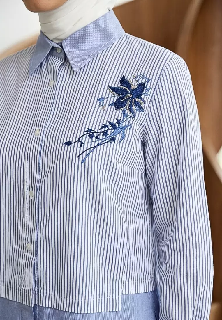 Kemeja Katun Wanita Salur Biru Bordir Bunga By Brilliant Girl Warna BIRU