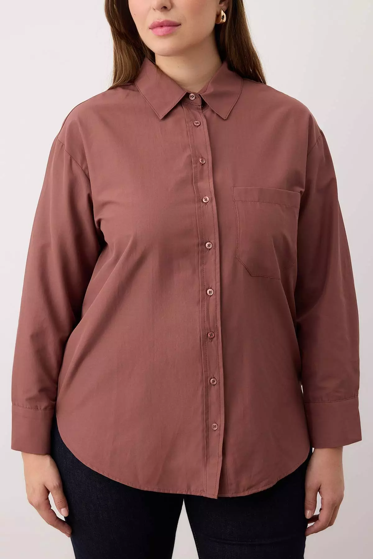 Brown Loose Fit Cotton Long Sleeve Plus Size Woven Shirt