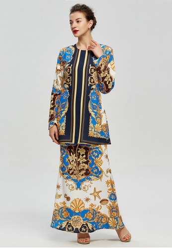 Golden Vintage Baroque Prints Kurung from Era Maya in White and Yellow and Blue and Gold