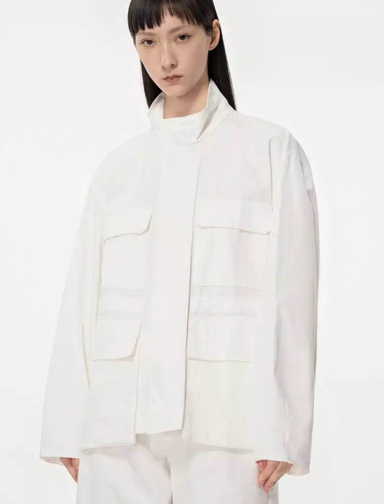 White mandarin collar jacket discount