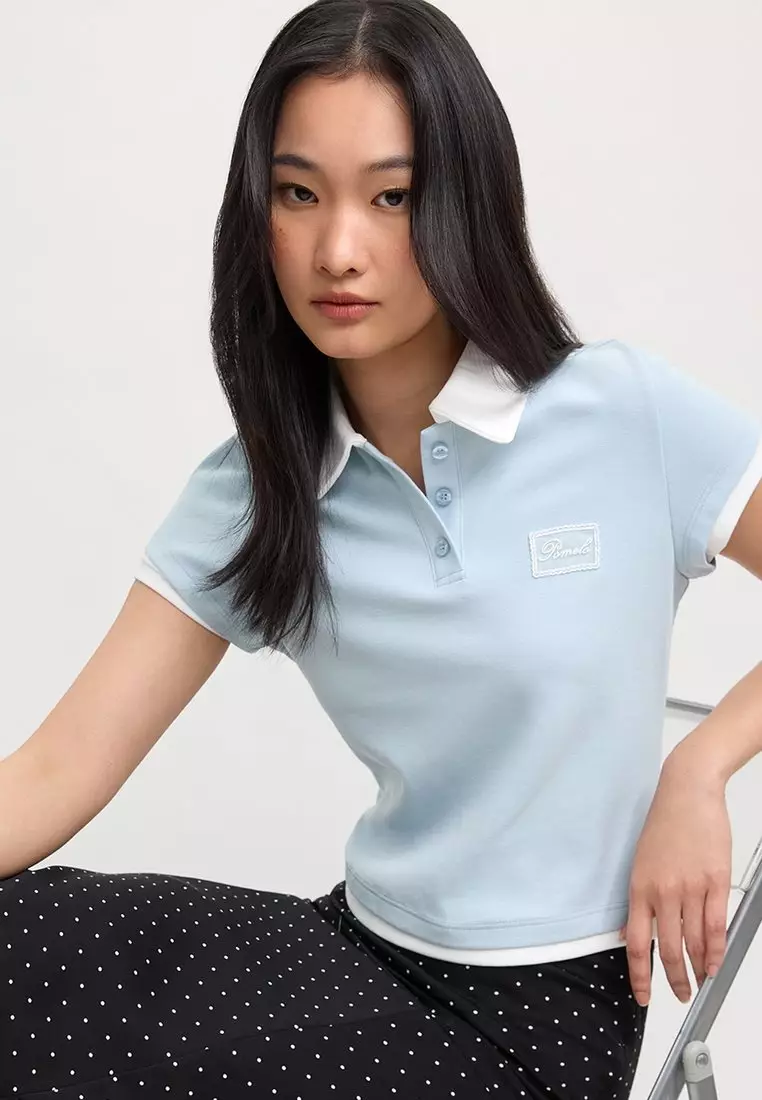 Contrast Collar Polo Crop Top - Blue