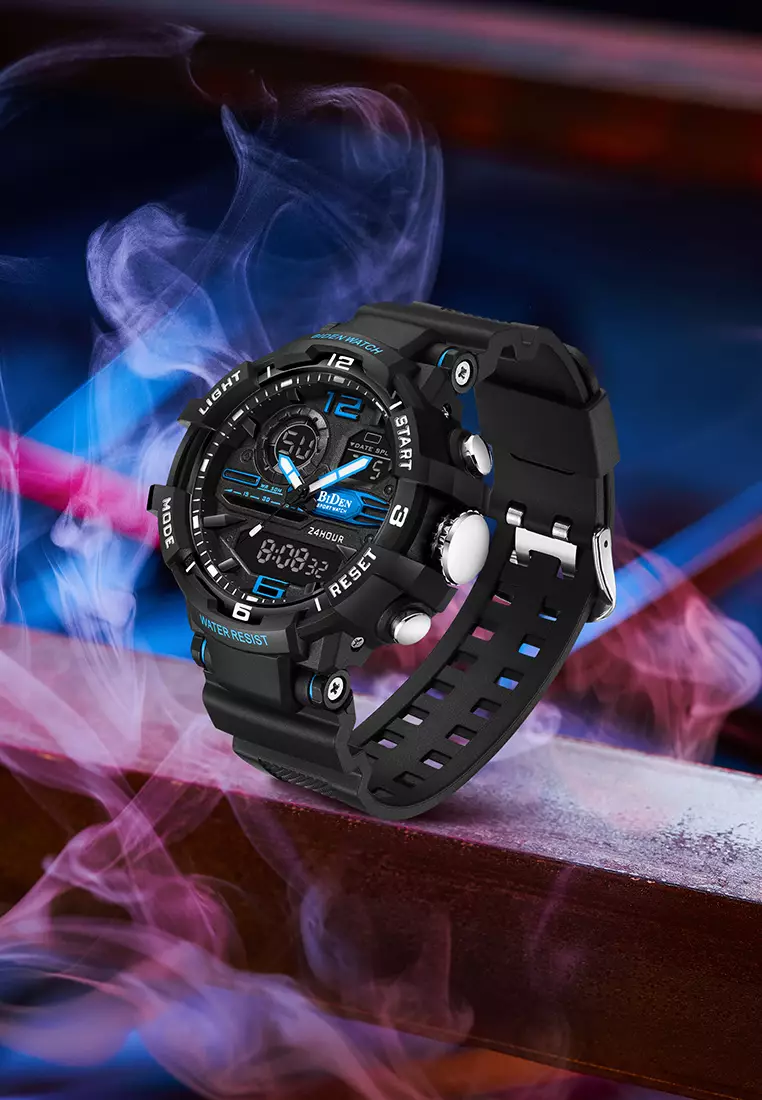 Jam Tangan Pria Digital&Analog Olahraga Pria Tahan Air Luminous Jam Tali Silikon Biru