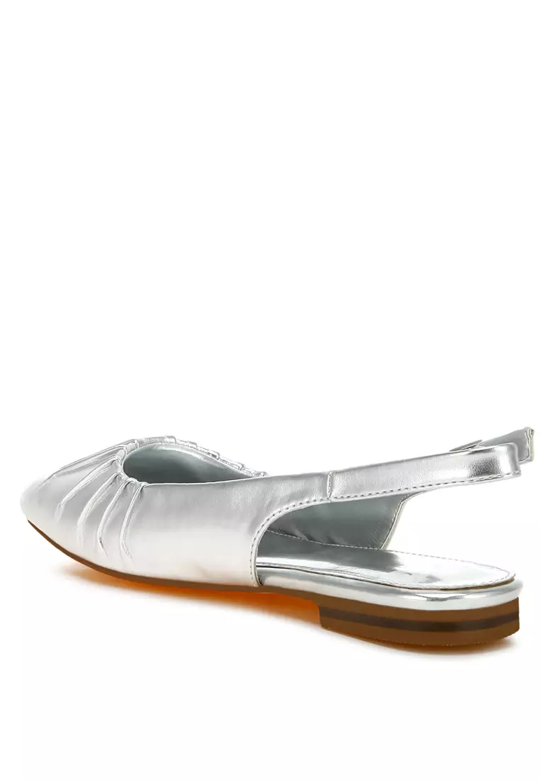 Metallic Square Toe Flat Slingbacks in Silver