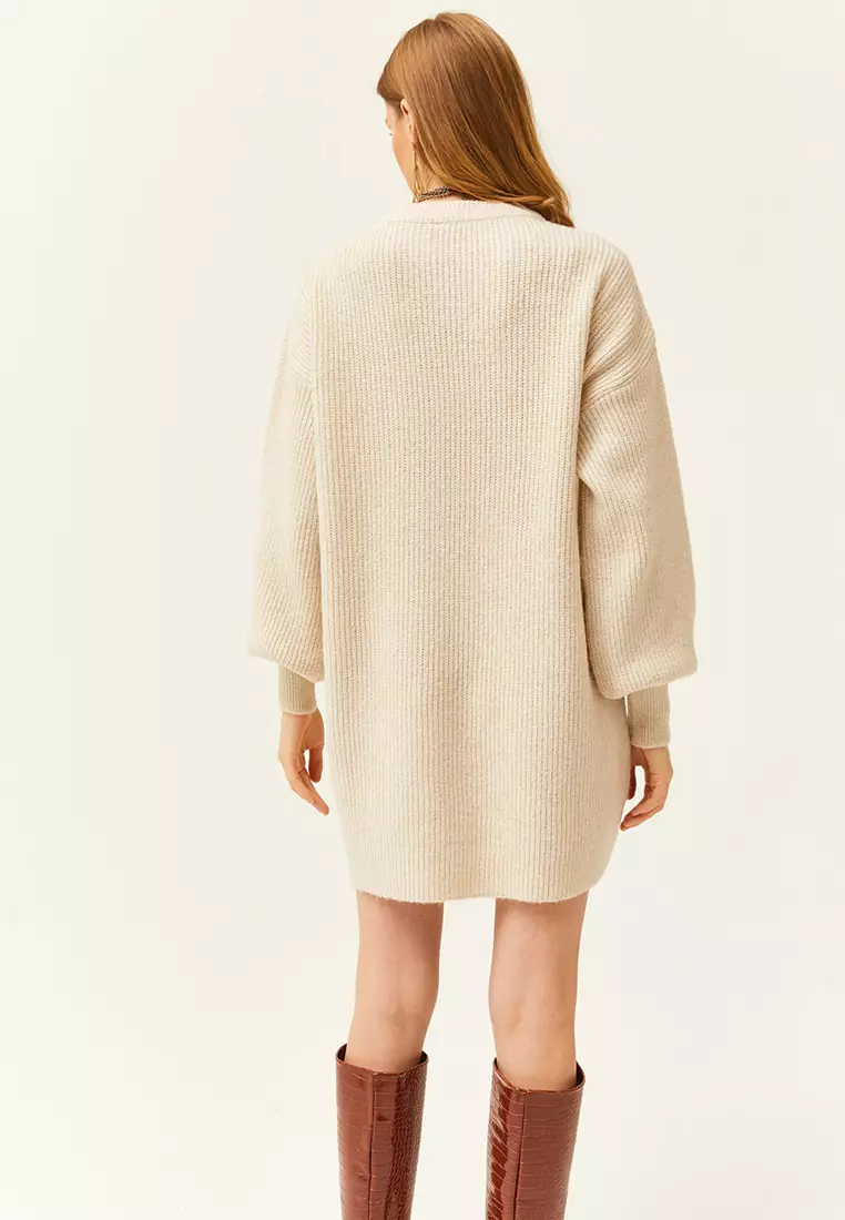 Balloon Sleeves Textured Knitted Dress