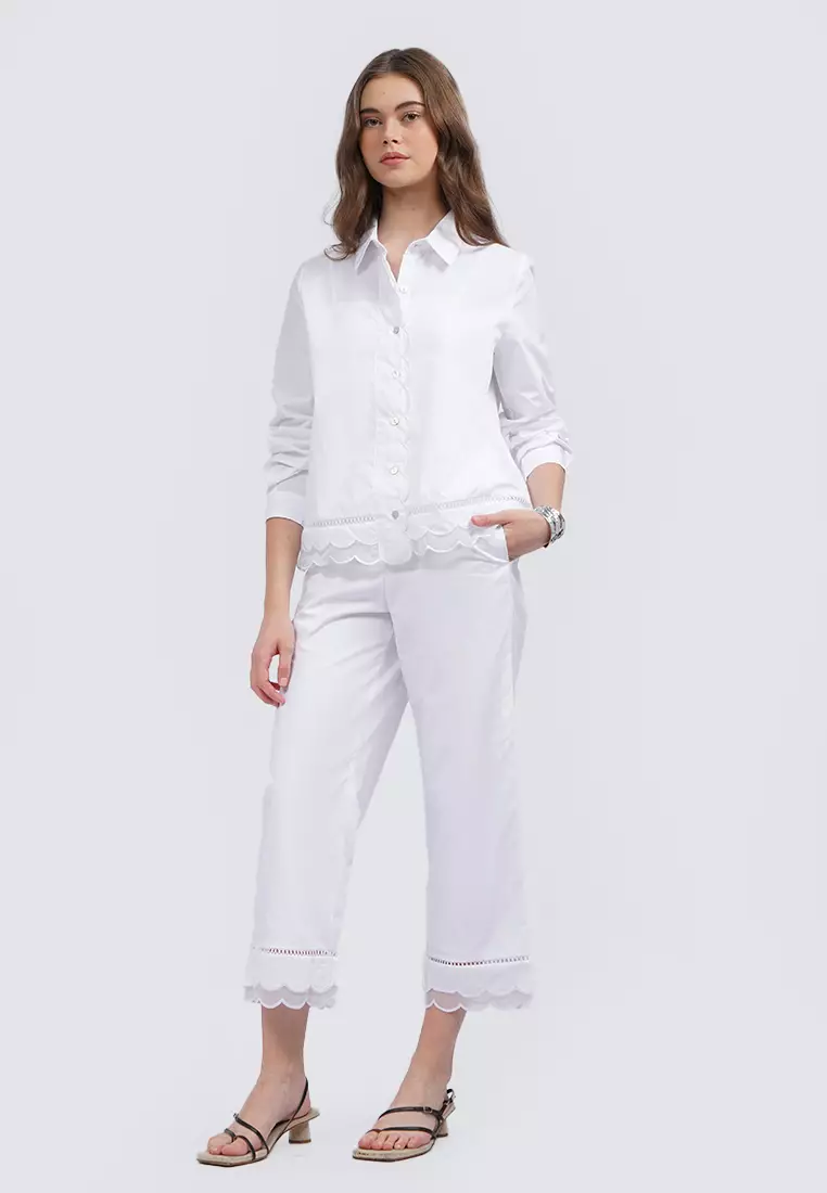 Ankle Length Pants with Lace Hemline OFF WHITE