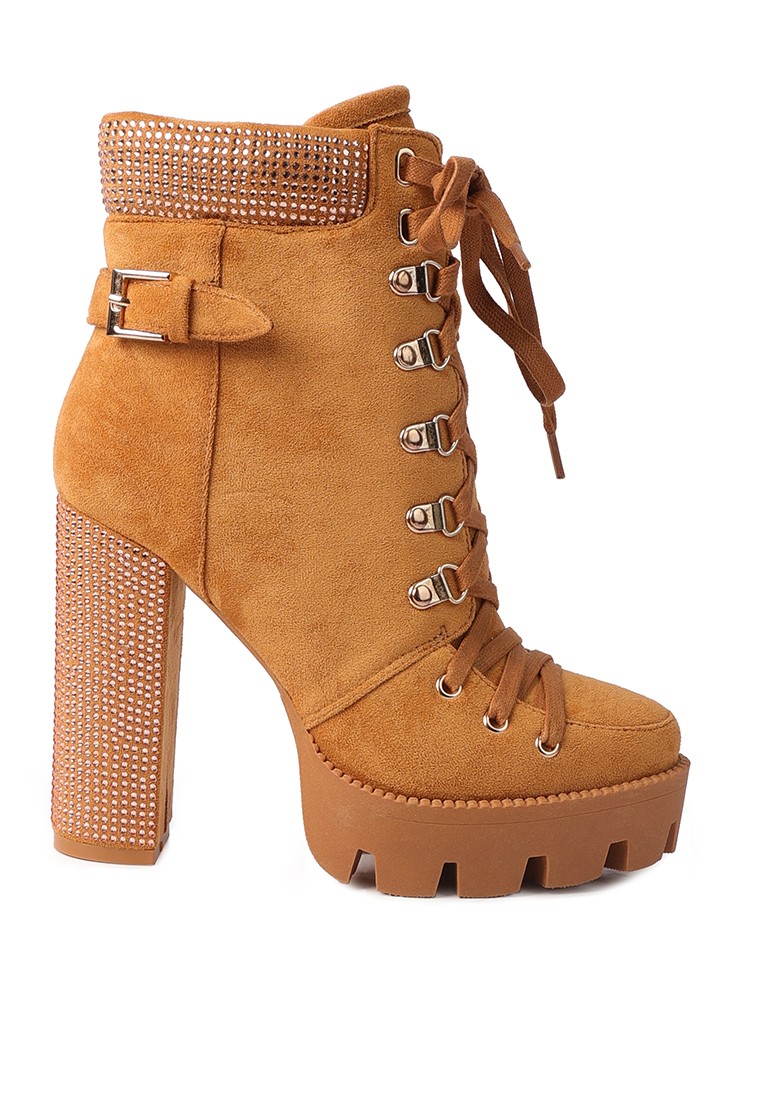 Tan Diamante Set Block Heeled Ankle Boot