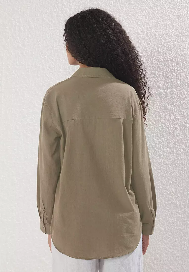 Mink Cotton Blended Linen Look Oversize Wide Fit Woven Shirt Twoss25Go00096