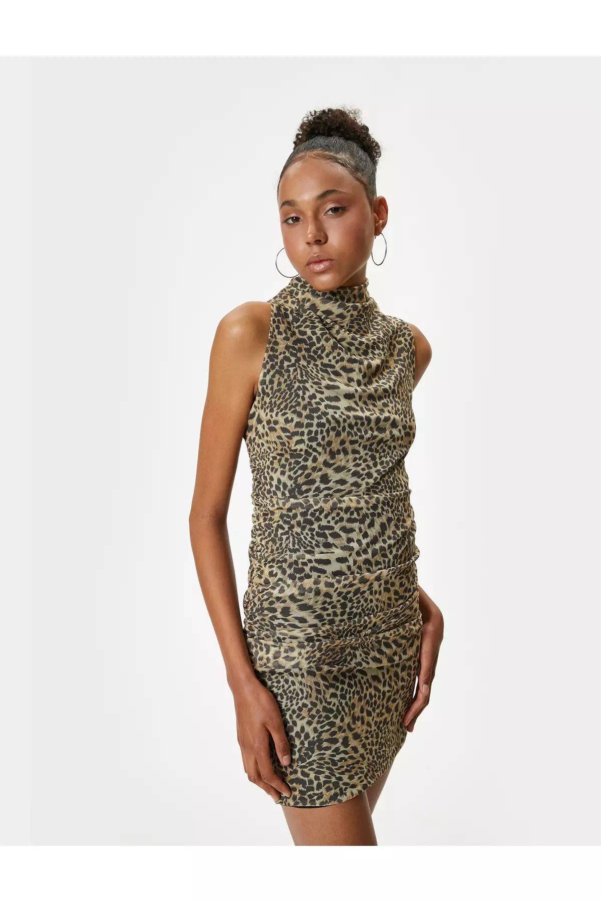 Leopard Patterned Mini Dress Draped Sleeveless High Collar Slim Fit