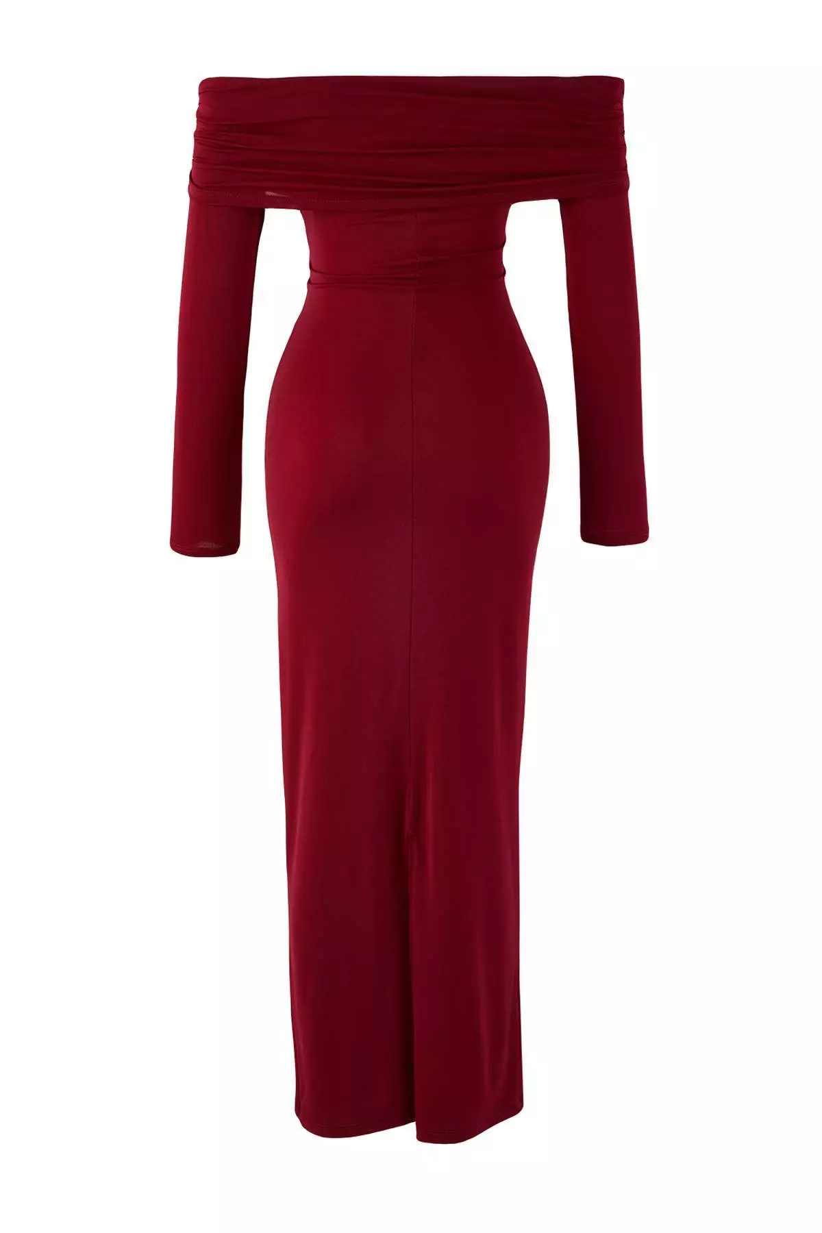 Burgundy Collar Detailed Knitted Midi Unlined Stylish/Evening Dress Tpraw26El38