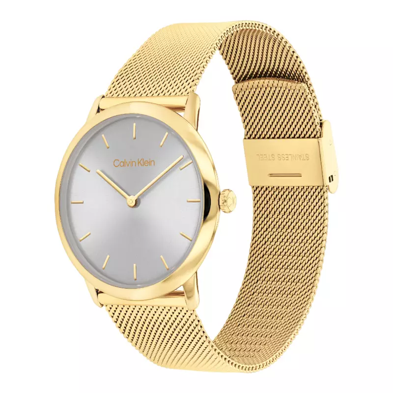 Jam Tangan Wanita Calvin Klein Slim Minimal 25300003 Ladies Grey Dial Gold Mesh Strap